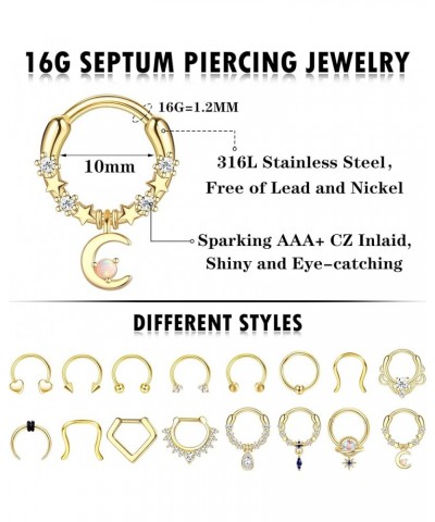 Surgical Steel Septum Rings 16G Hypoallergenic Horseshoe Clicker Septum Rings Gold for Women Men Small Cute CZ Dangle Horsesh...