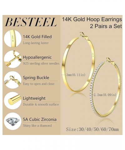 2 Pairs 14K Gold Filled Large Hoop Earrings for Women Hypoallergenic Lightweight Gold Rhinestone Hoop Earrings 925 Sterling S...