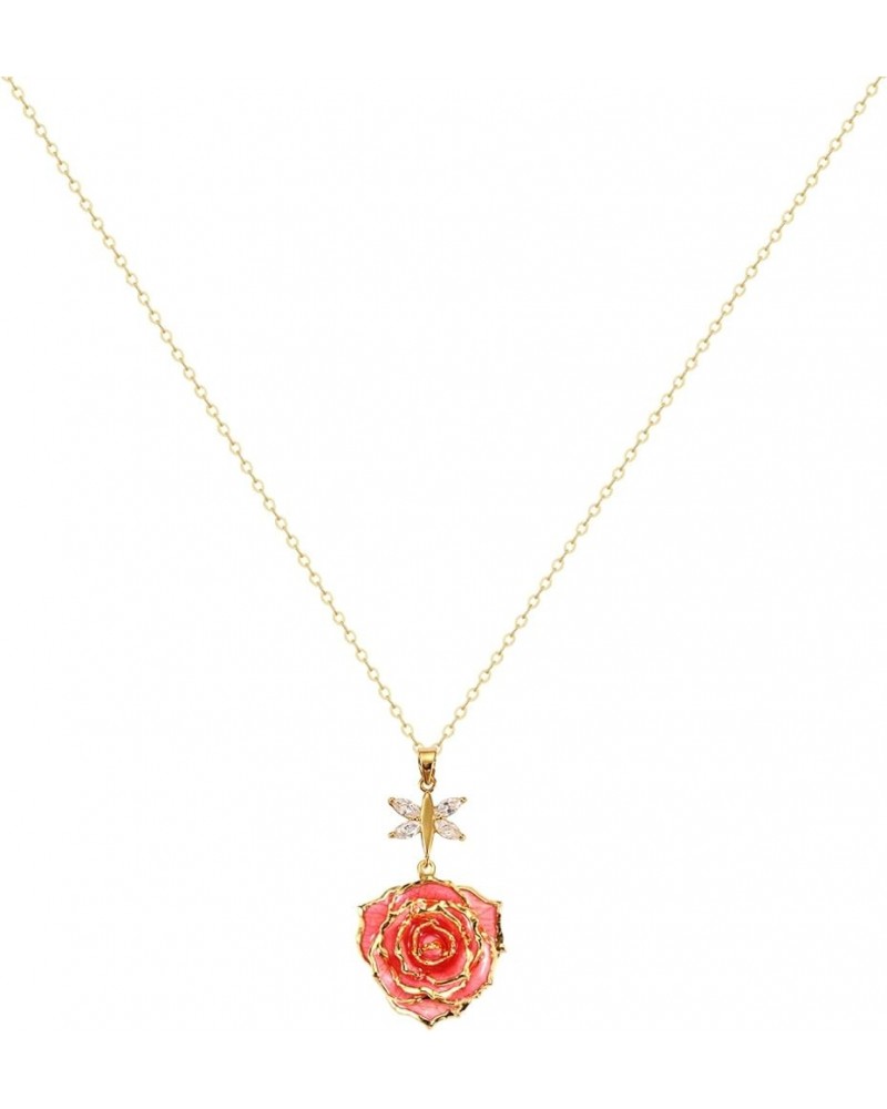 Rose Pendant Necklace for Women, 24K Gold-Plated, Adjustable Length, Fashion Jewelry, Best Gifts for Her Crystal Pink Rose Ne...