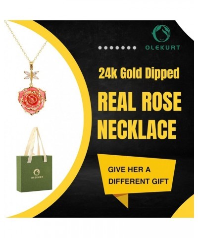 Rose Pendant Necklace for Women, 24K Gold-Plated, Adjustable Length, Fashion Jewelry, Best Gifts for Her Crystal Pink Rose Ne...