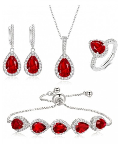 Wedding Red Cubic Zirconia Teardrop Pendant Necklace Earrings Open Ring Adjustable Slider Bracelet Silver Bridal Jewelry Set,...