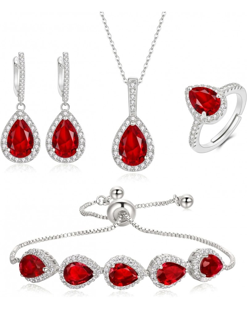 Wedding Red Cubic Zirconia Teardrop Pendant Necklace Earrings Open Ring Adjustable Slider Bracelet Silver Bridal Jewelry Set,...