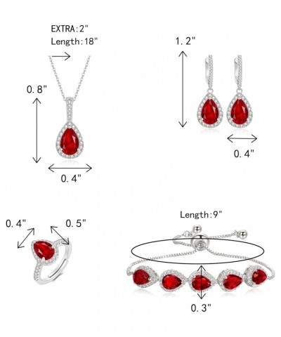 Wedding Red Cubic Zirconia Teardrop Pendant Necklace Earrings Open Ring Adjustable Slider Bracelet Silver Bridal Jewelry Set,...