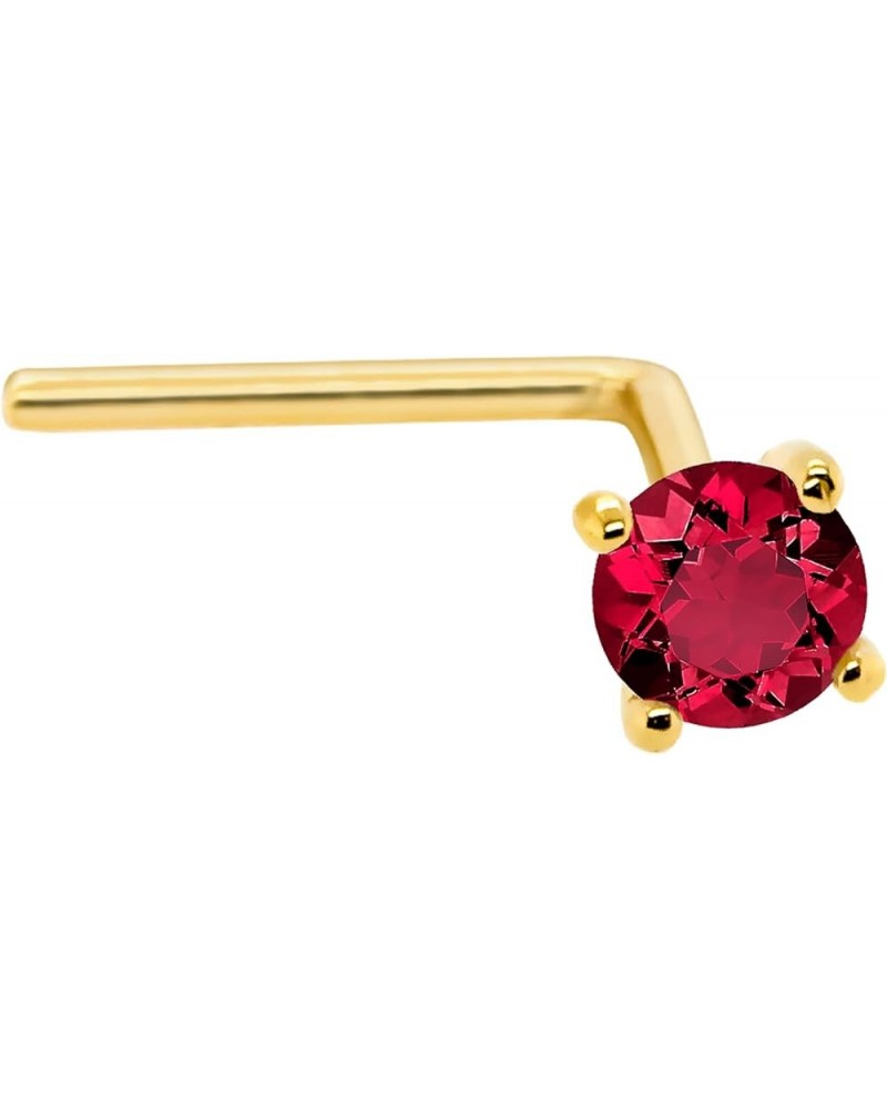 22G Solid 14Kt Gold L-Shape Nose Stud with real Ruby Gemstone, 14kt Yellow Gold or 14kt White Gold Prong Setting - July Birth...