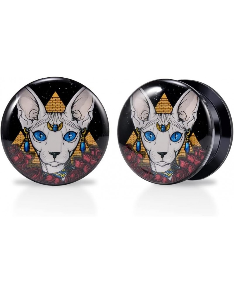 1 Pair Acrylic Solid Screw On Ear Plugs Tunnels Resin Allergy Free Stretcher Egyptian Cat Goddess Egypt Mythology Color Drawi...