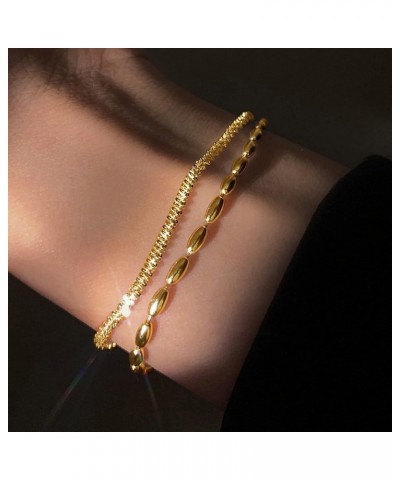 Dainty Gold Bracelet for Women 14K Gold Plated Adjustable Cute Tiny Chain Bracelets Cross Oval Bar Shine Rope Snake Paperclip...