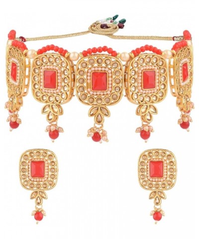 Indian Jewelry Sets for Women Pink Faux Kundan Rhinestone Crystal Choker Necklace Square Drop Dangle Earrings Set Indian Brid...