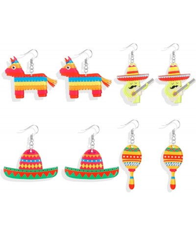 4Pairs Cinco De Mayo Earrings for Women Fiesta Earrings Mexican Carnival Earrings Colorful Drop Earrings Mexico Theme Party A...