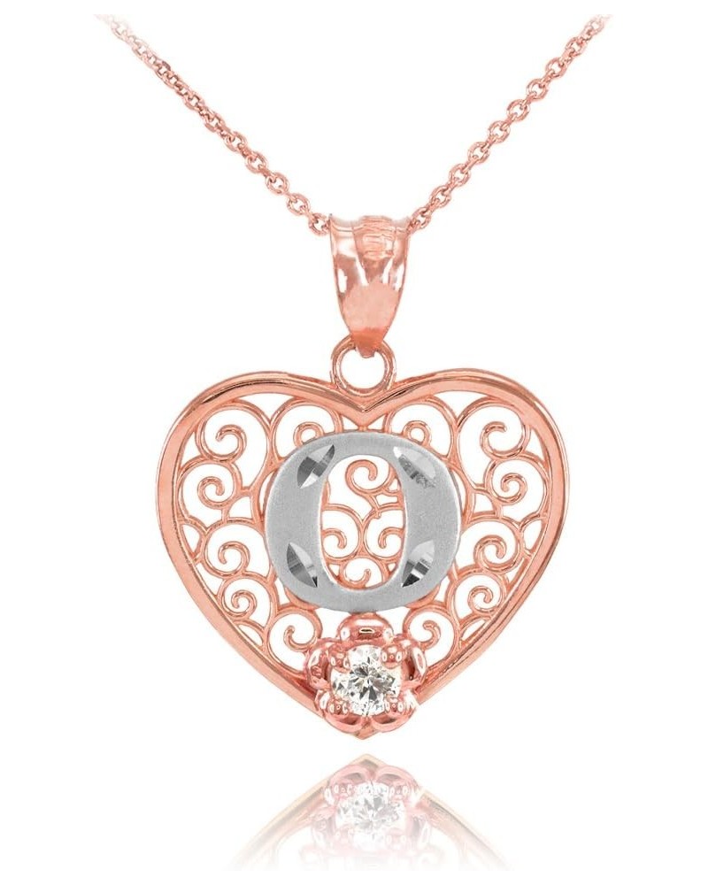 10k Two-Tone White and Rose Gold Filigree Heart with CZ Flower Initial Letter Pendant Necklace, 16 O $95.99 Necklaces