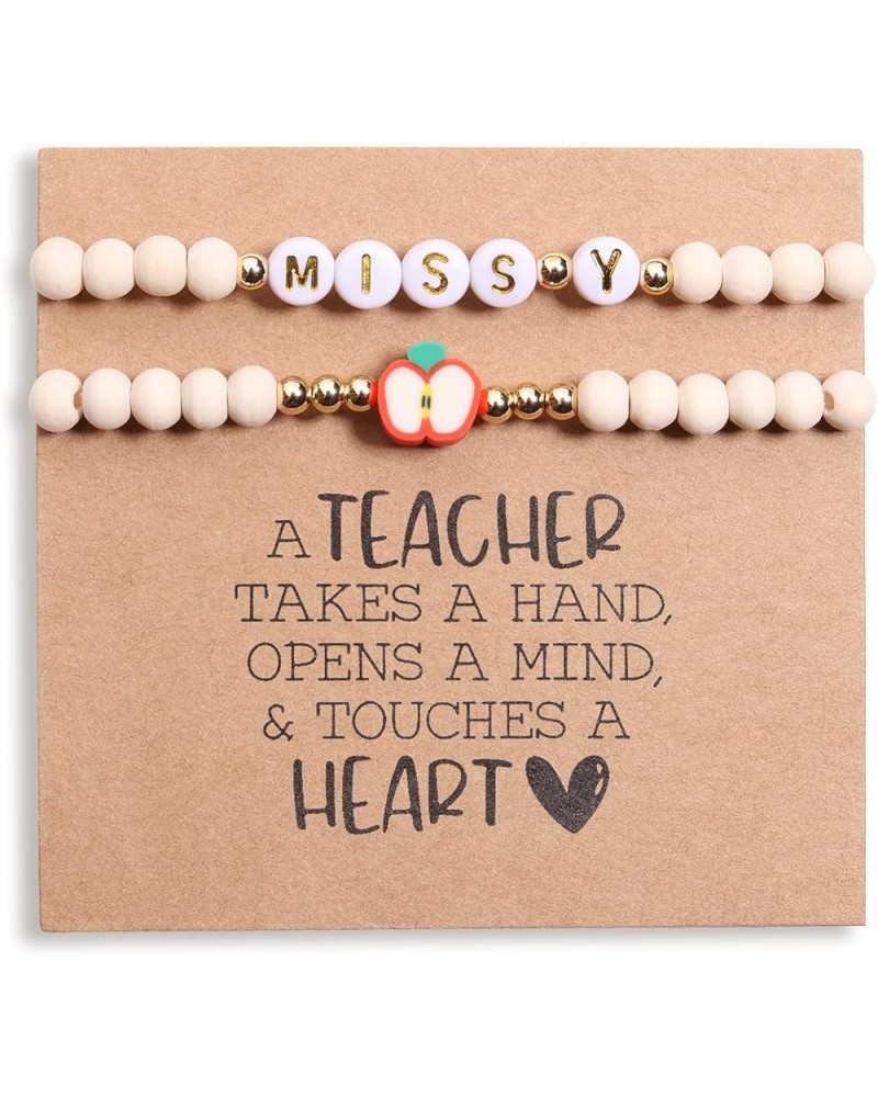 Personalized Teacher Appreciation Gifts Teacher Bracelet for Women, 2 Pcs Wood Beaded Bracelets Elastic Teacher Gifts, New Te...