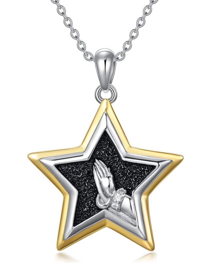 Vintage Star Necklaces for Women 925 Sterling Silver Praying Hand Pendant Necklace with Two Tone Star and Praying Hand Neckla...