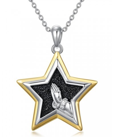 Vintage Star Necklaces for Women 925 Sterling Silver Praying Hand Pendant Necklace with Two Tone Star and Praying Hand Neckla...