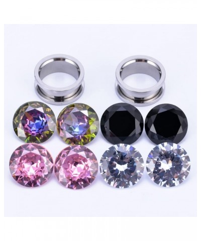 Set of 4 Pairs Color Zircons and 1 Pair Stainless Steel Ear Tunnel Ear Gauges Stretching Screw Fit Tunnels 0g-1 Inch 1/2"(12m...