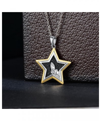 Vintage Star Necklaces for Women 925 Sterling Silver Praying Hand Pendant Necklace with Two Tone Star and Praying Hand Neckla...