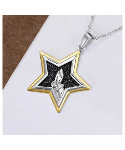 Vintage Star Necklaces for Women 925 Sterling Silver Praying Hand Pendant Necklace with Two Tone Star and Praying Hand Neckla...