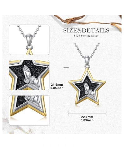 Vintage Star Necklaces for Women 925 Sterling Silver Praying Hand Pendant Necklace with Two Tone Star and Praying Hand Neckla...