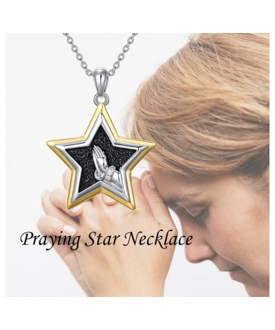 Vintage Star Necklaces for Women 925 Sterling Silver Praying Hand Pendant Necklace with Two Tone Star and Praying Hand Neckla...