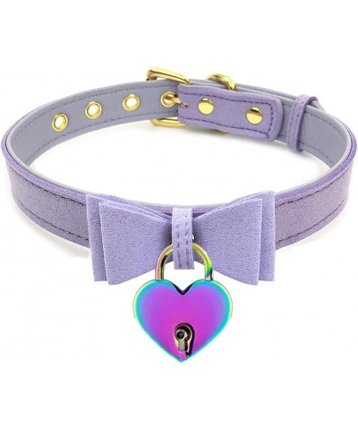 PU Leather Bow Collar Necklace Choker with Bell Cat Cosplay Kitty Necklace Choker Collar for Women U2-Purple-Colorful lock $1...