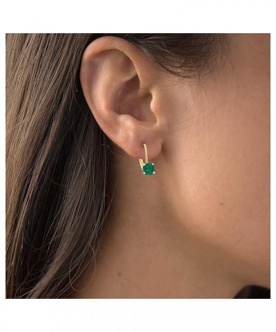 14k Gold Plated 925 Sterling Silver 6mm Round Hypoallergenic Genuine Birthstone Leverback Earrings Emerald Created Yellow Gol...