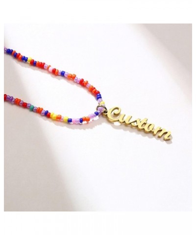 Custom Rainbow Beads Necklace with Name/Initial Letter, Personalized Bohemian Choker Necklaces with Adjustable Chain VSCO Jew...