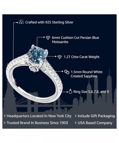 925 Sterling Silver Persian Blue Moissanite and White Created Sapphire Engagement Ring For Women (1.27 Cttw, Cushion 6MM, Gem...