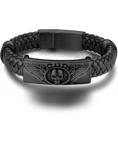 Stainless Steel Braided Leather Bracelet for Men, Punk Cuff Bangle 7.1'', 8.3'', 9 Inches Wristband, Black 7.1 Inches Skull -...