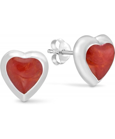 Chic Sweet Romance Vivid Reconstructed Red Coral Dainty Heart on .925 Sterling Silver Stud Earrings,Sterling Silver Stud Earr...