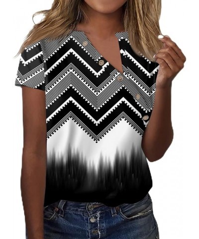 Short Sleeve Shirts for Women Trendy V Neck T Shirt Button Down Oversized Shirt Top Loose Printed Casual Pullover 3-black $4....