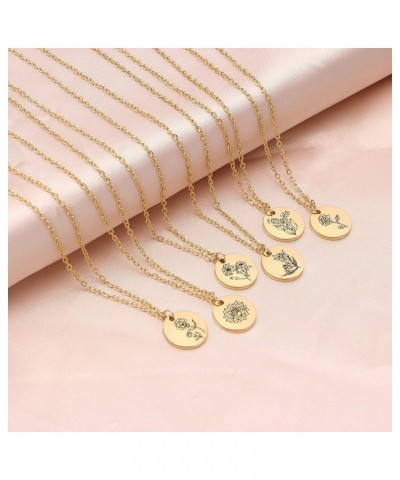 Birth Month Flower Pendant Necklace 18K Gold Plated Dainty Simple Month Birth Floral Disc Pendant Engrave Coin Necklace Minim...