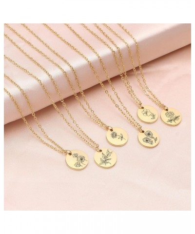 Birth Month Flower Pendant Necklace 18K Gold Plated Dainty Simple Month Birth Floral Disc Pendant Engrave Coin Necklace Minim...