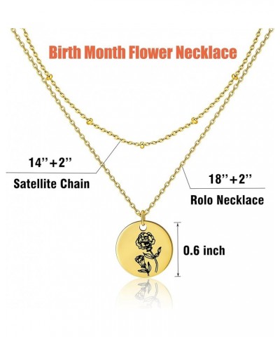 Birth Month Flower Pendant Necklace 18K Gold Plated Dainty Simple Month Birth Floral Disc Pendant Engrave Coin Necklace Minim...