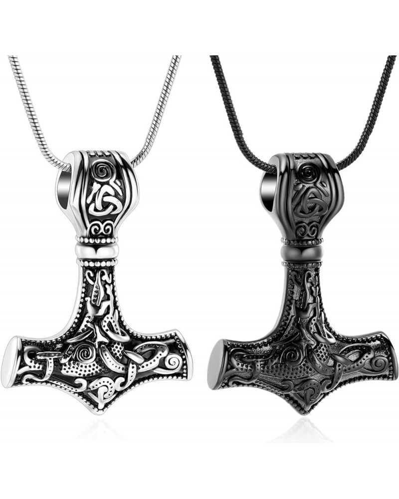 Thor Hammer Urn Necklace for Ashes Cremation Jewelry for Women Men Viking Vegvisir Mjolnir Memorial Keepsake Ashes Pendant 2p...