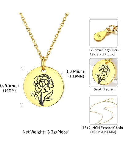 Women Birth Month Flower Necklace 925 Sterling Silver Dainty Engraved Floral Disc Coin Pendant Personalized Jewelry, Silver/G...