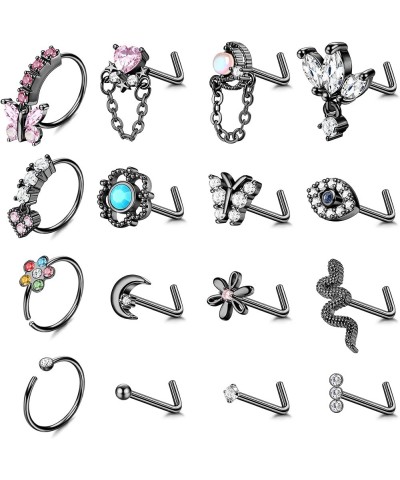 16Pcs 20G Nose Rings Dangle Nose Ring L Shaped for Women Men Stainless Steel Dangling Heart Butterfly Moon CZ Nose Rings Hoop...