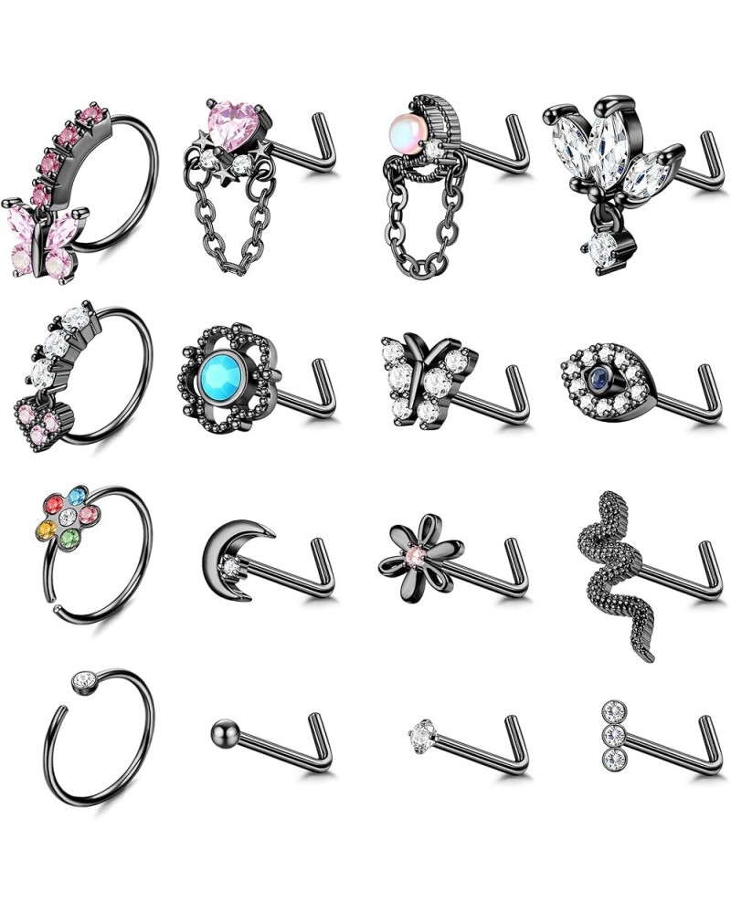 16Pcs 20G Nose Rings Dangle Nose Ring L Shaped for Women Men Stainless Steel Dangling Heart Butterfly Moon CZ Nose Rings Hoop...