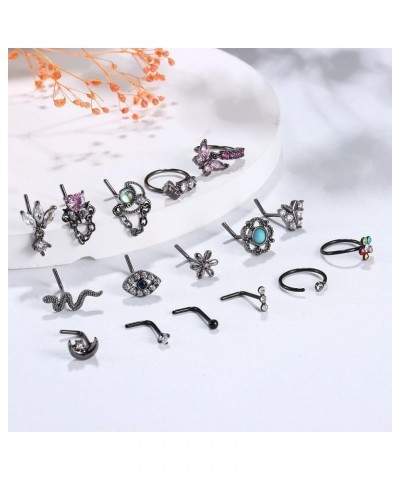 16Pcs 20G Nose Rings Dangle Nose Ring L Shaped for Women Men Stainless Steel Dangling Heart Butterfly Moon CZ Nose Rings Hoop...