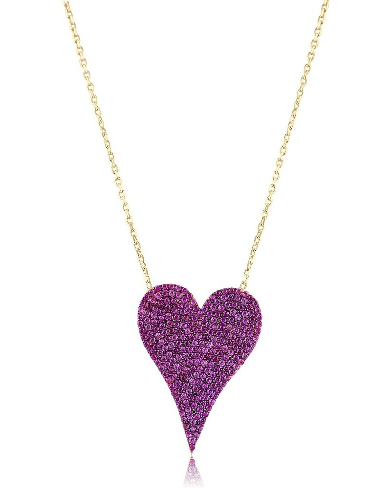 Women' s Sterling Silver Large 25mm Pave Heart Neckace with a 16" +2" Chain Dark Pink $46.55 Necklaces