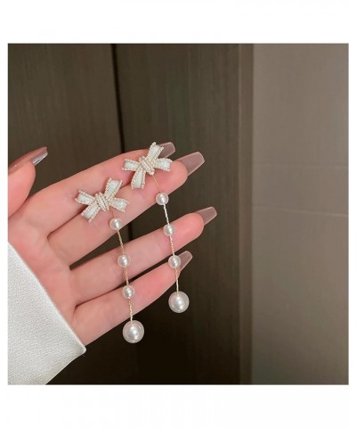 Pearl Bow Earrings for Women White Bow Earrings Long Pearl Dangle Earrings Pearl Tassel Earrings Prom Party Ear Jewelry for W...