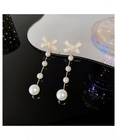 Pearl Bow Earrings for Women White Bow Earrings Long Pearl Dangle Earrings Pearl Tassel Earrings Prom Party Ear Jewelry for W...