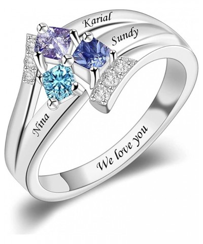 Mothers Day Gifts for Mom Women Personalized Mother Daughter Ring with 3 Simulated Birthstones and Names 18K White Gold Fille...