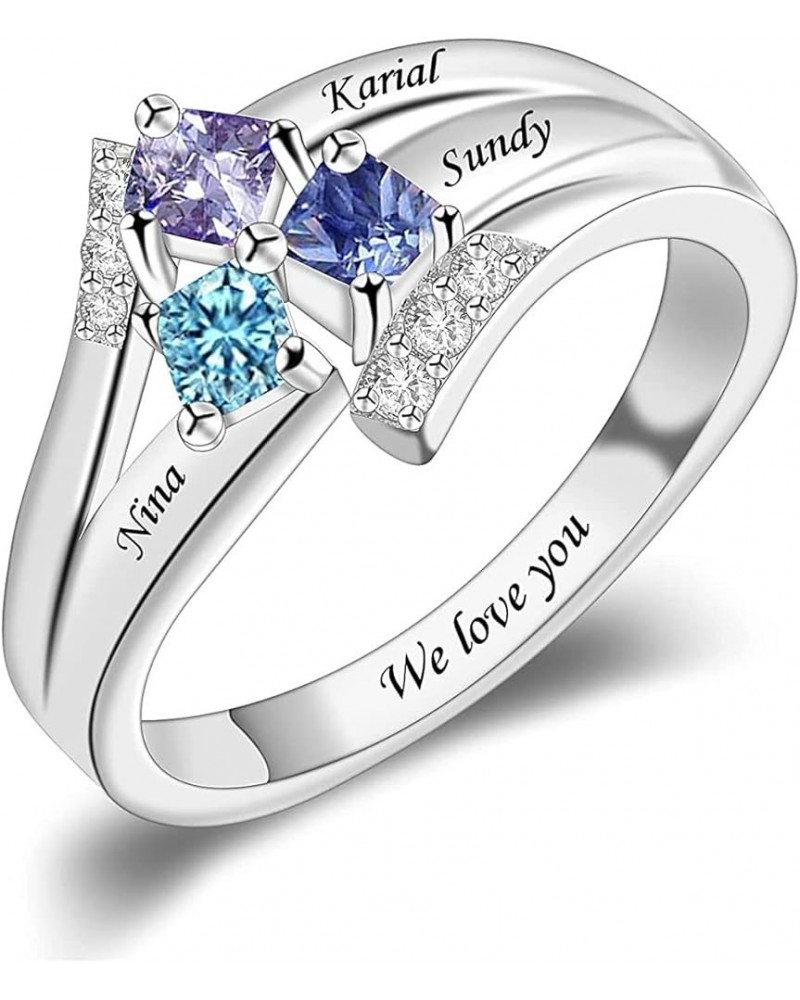 Mothers Day Gifts for Mom Women Personalized Mother Daughter Ring with 3 Simulated Birthstones and Names 18K White Gold Fille...