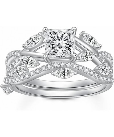 Princess Cut Bridal Ring Set for Women Bridal Sets Wedding Rings, 1-1/2 Carat(ctw) Moissanite Leaf Flower Band 925 Sterling S...