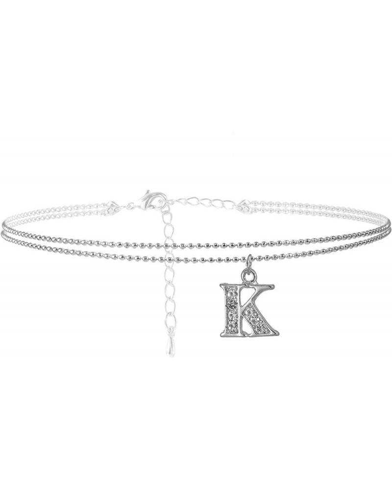 Double Line Rhinestone Crystal Initial Anklet K-Silver $7.79 Anklets