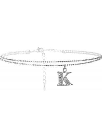 Double Line Rhinestone Crystal Initial Anklet K-Silver $7.79 Anklets