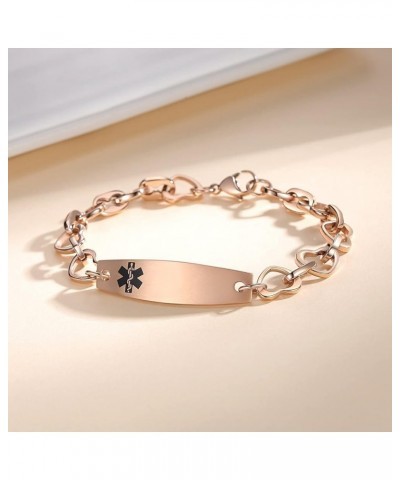 7.5 IN Fashion Medical Alert Bracelets for Women Stainless Steel Heart Link Medical bracelets with Free custom engraving Rose...