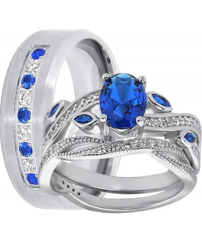 His Hers Wedding Ring Set Blue Sapphire CZ Silver Bridal Engagement Set Titanium Wedding Band Him Her Her 07 - His 10 $42.75 ...