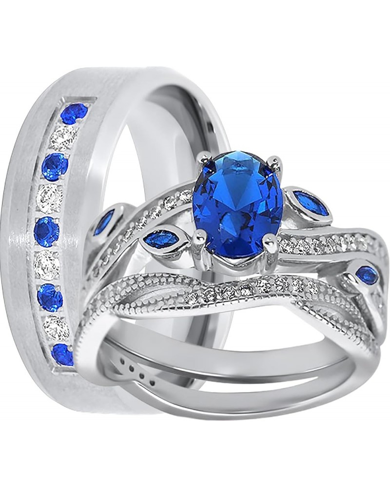 His Hers Wedding Ring Set Blue Sapphire CZ Silver Bridal Engagement Set Titanium Wedding Band Him Her Her 07 - His 10 $42.75 ...