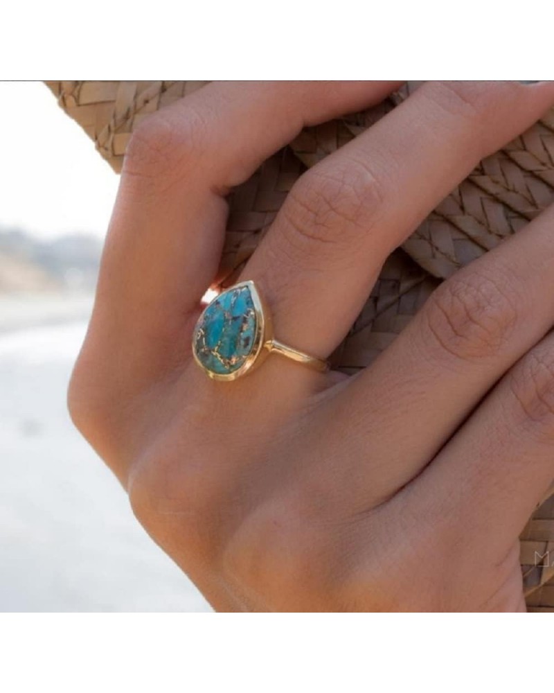 Retro Native Natural Turquoise Gold Ring Boho African Faux Style Gothic Punk Jewelry Charming Temperament Personality Unique ...