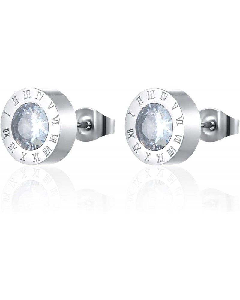 Solitaire Cubic Zirconia Circle Stud Earrings with Roman Numeral, Mens Womens Steel, 10MM Silver Color $10.61 Earrings