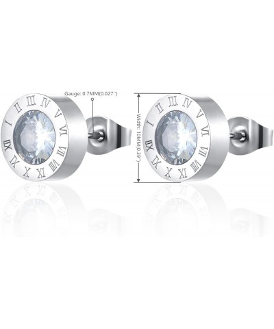 Solitaire Cubic Zirconia Circle Stud Earrings with Roman Numeral, Mens Womens Steel, 10MM Silver Color $10.61 Earrings